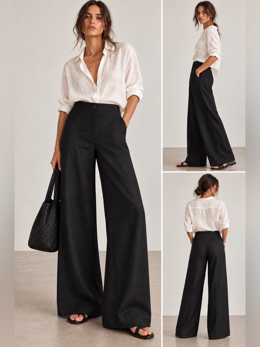 New! Weekend Max Mara Black 100% Linen Wide Leg Trousers Pants 🖤 sz 12